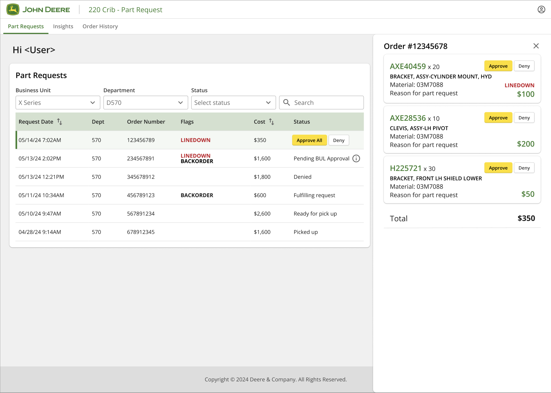 Module Leader dashboard displaying incoming part requests to approve with order details