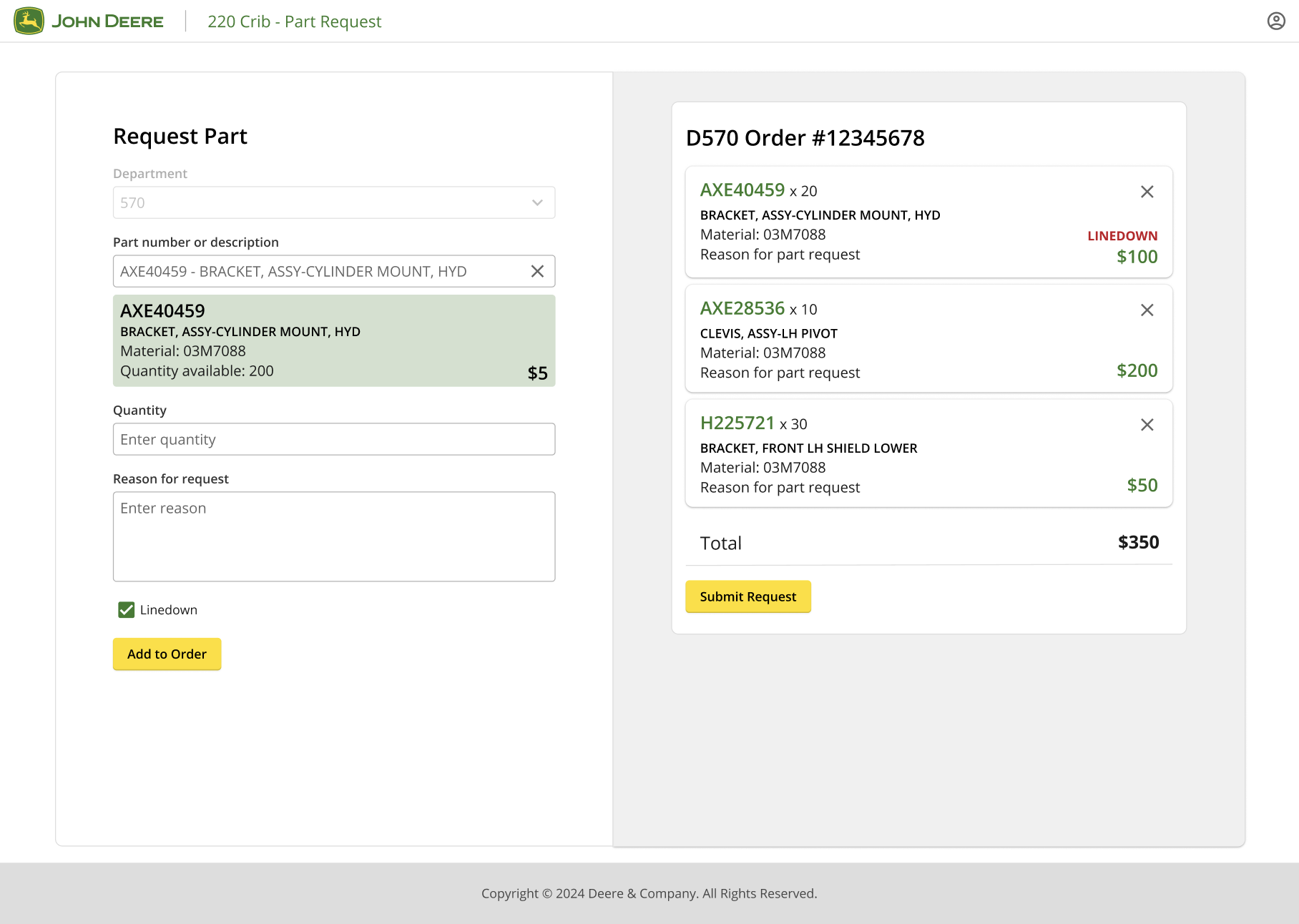 220 supply crib part request cart order